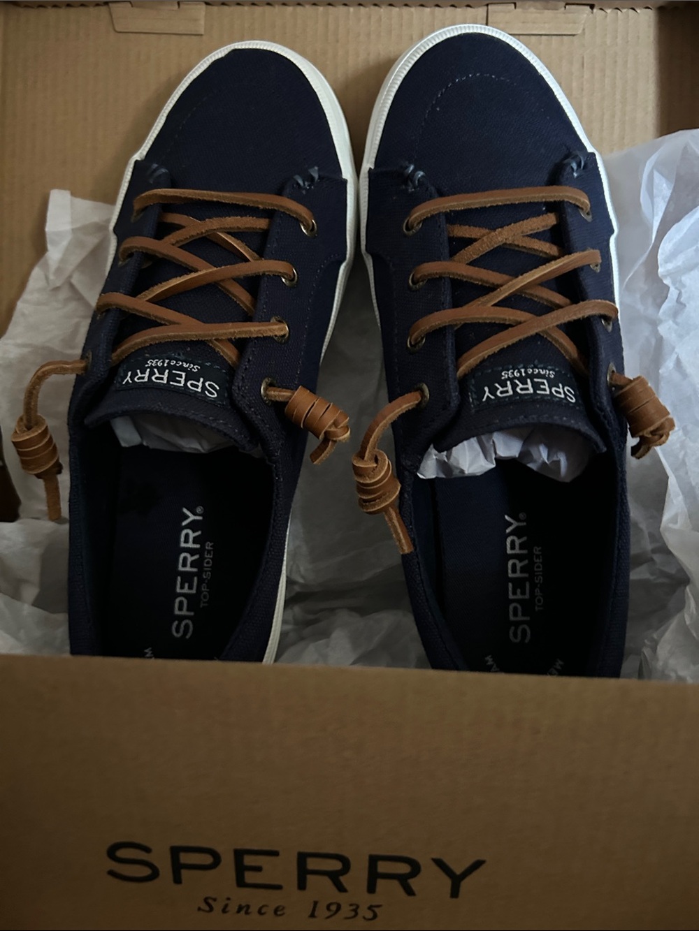 Sperry Navy Canvas Boat Shoes with Brown Laces and White Sole